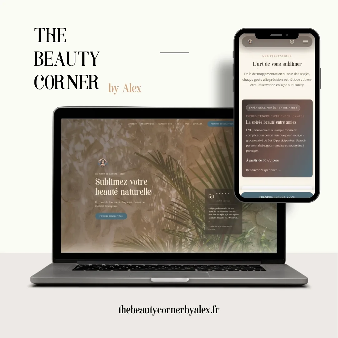 Aperçu du site The Beauty Corner by Alex, institut de beauté à Nice, sur ordinateur et mobile