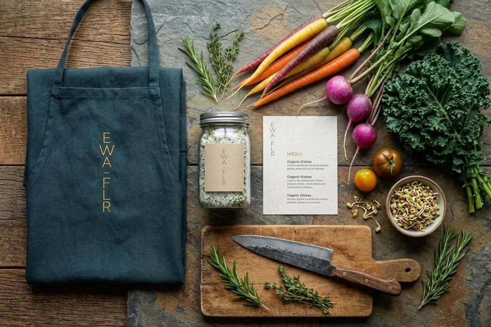 Univers de marque Ewa FLR : tote bag, menu et légumes de saison