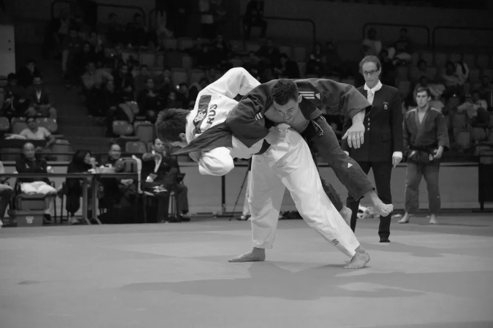 Combat de judo en noir et blanc, Tournoi International de Judo de Monaco